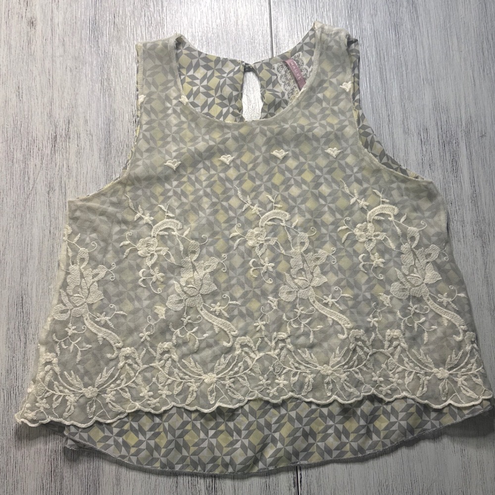 Anthropology‎ Mauve Women floral Lace Overlay Geometric Print Sleeveless Top s